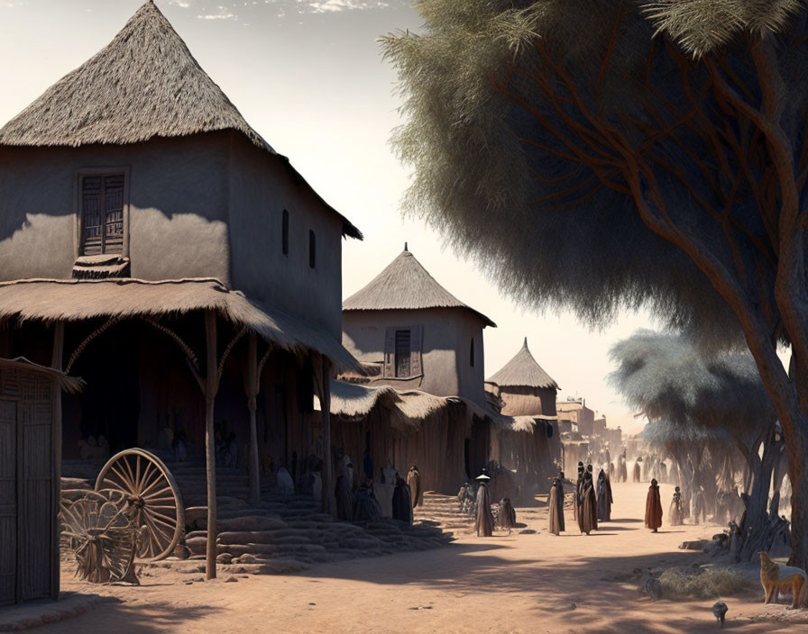 Traditional African village scene with thatched-roof houses and villagers in dusty street