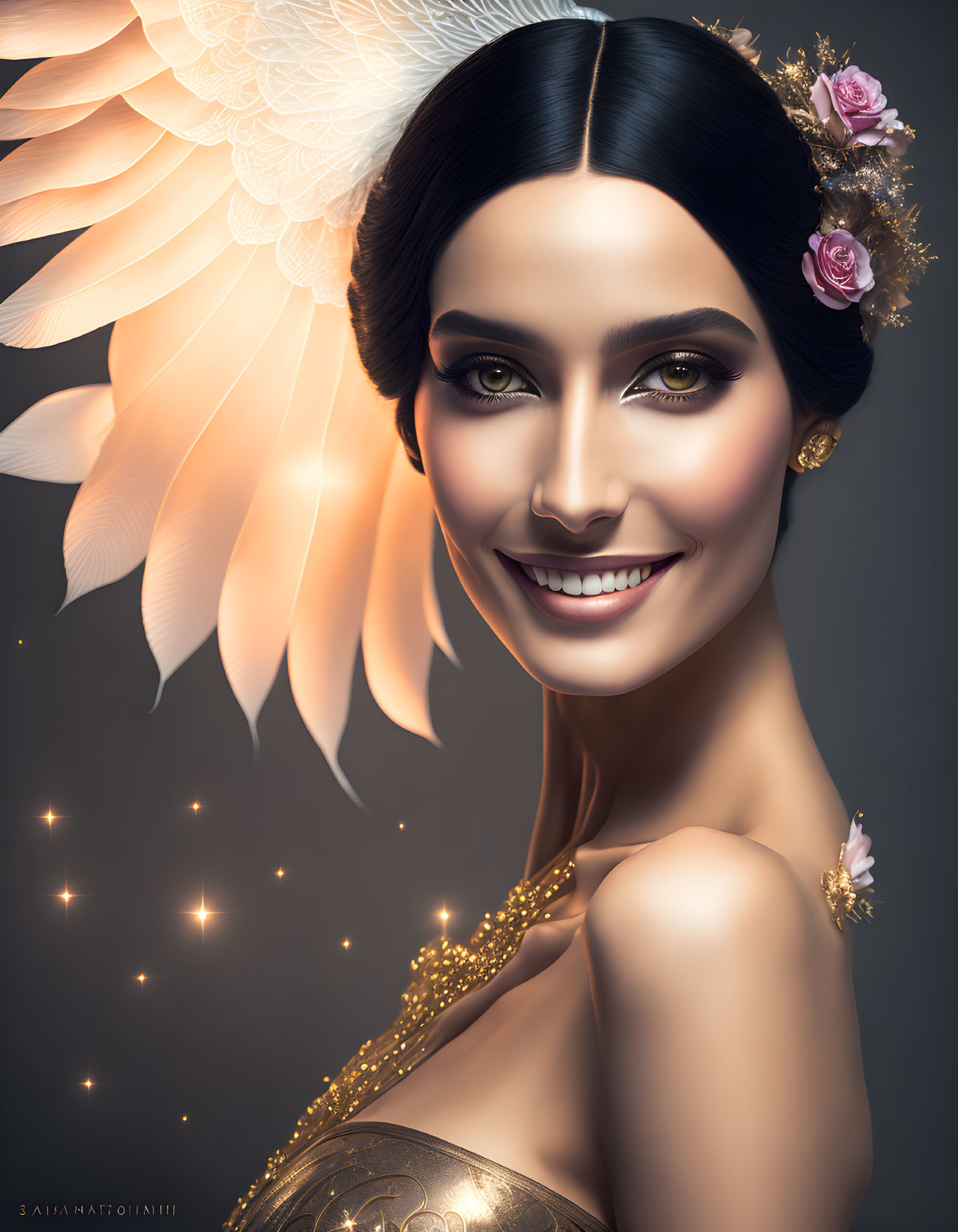 Smiling woman with dark hair in gold dress and floral adornments against glowing wing background