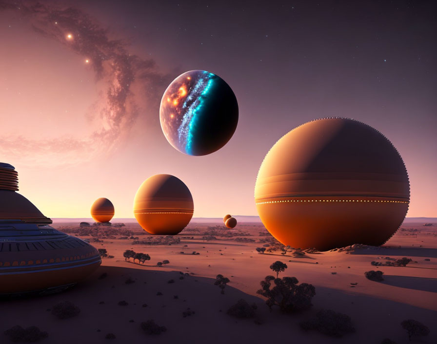 Surreal desert landscape with floating spheres at dusk