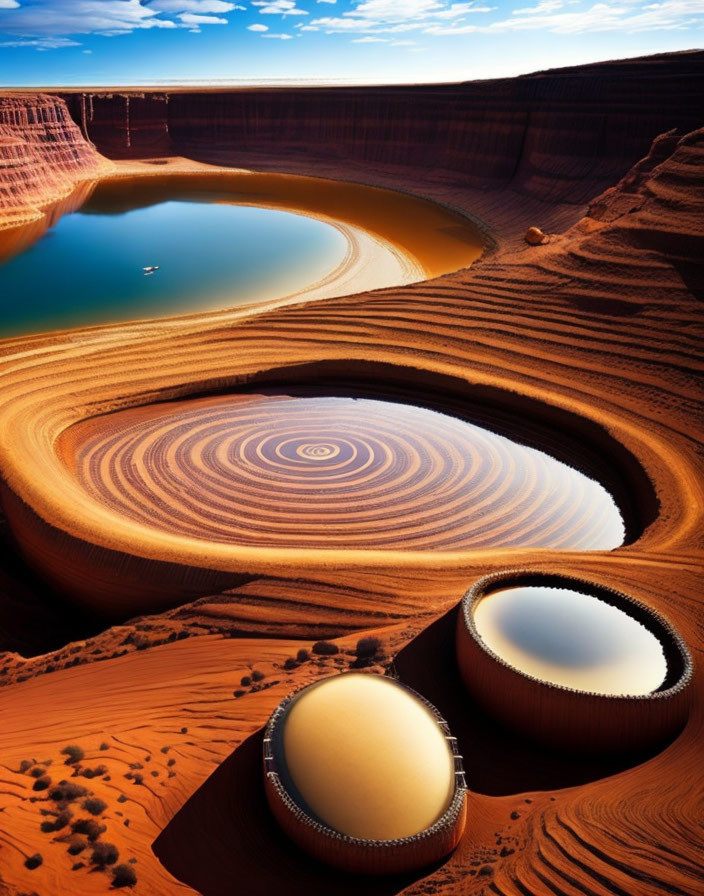 Circular terraced geological formations in desert landscape with water pools