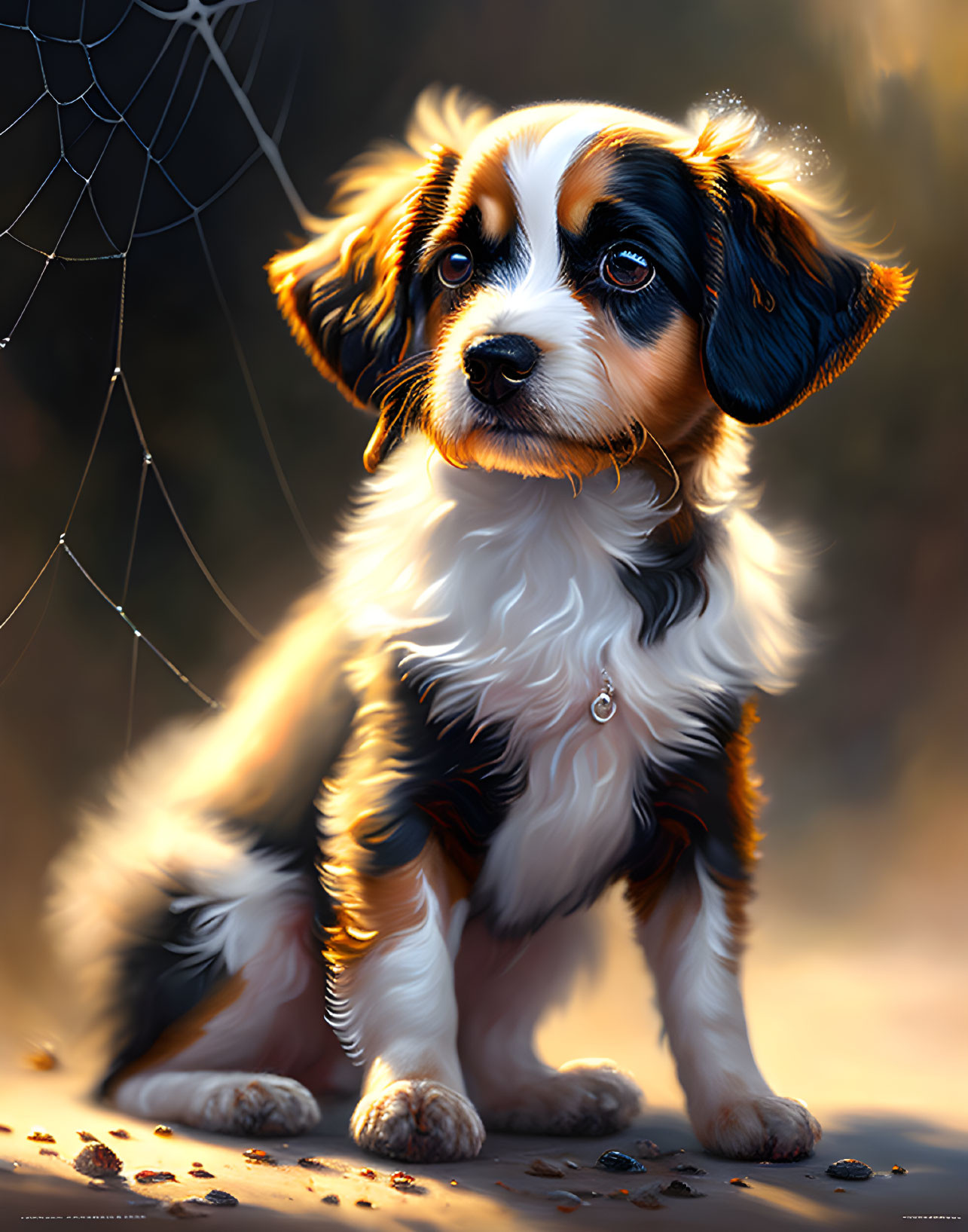 Tricolor puppy with expressive eyes near cobweb in warm light