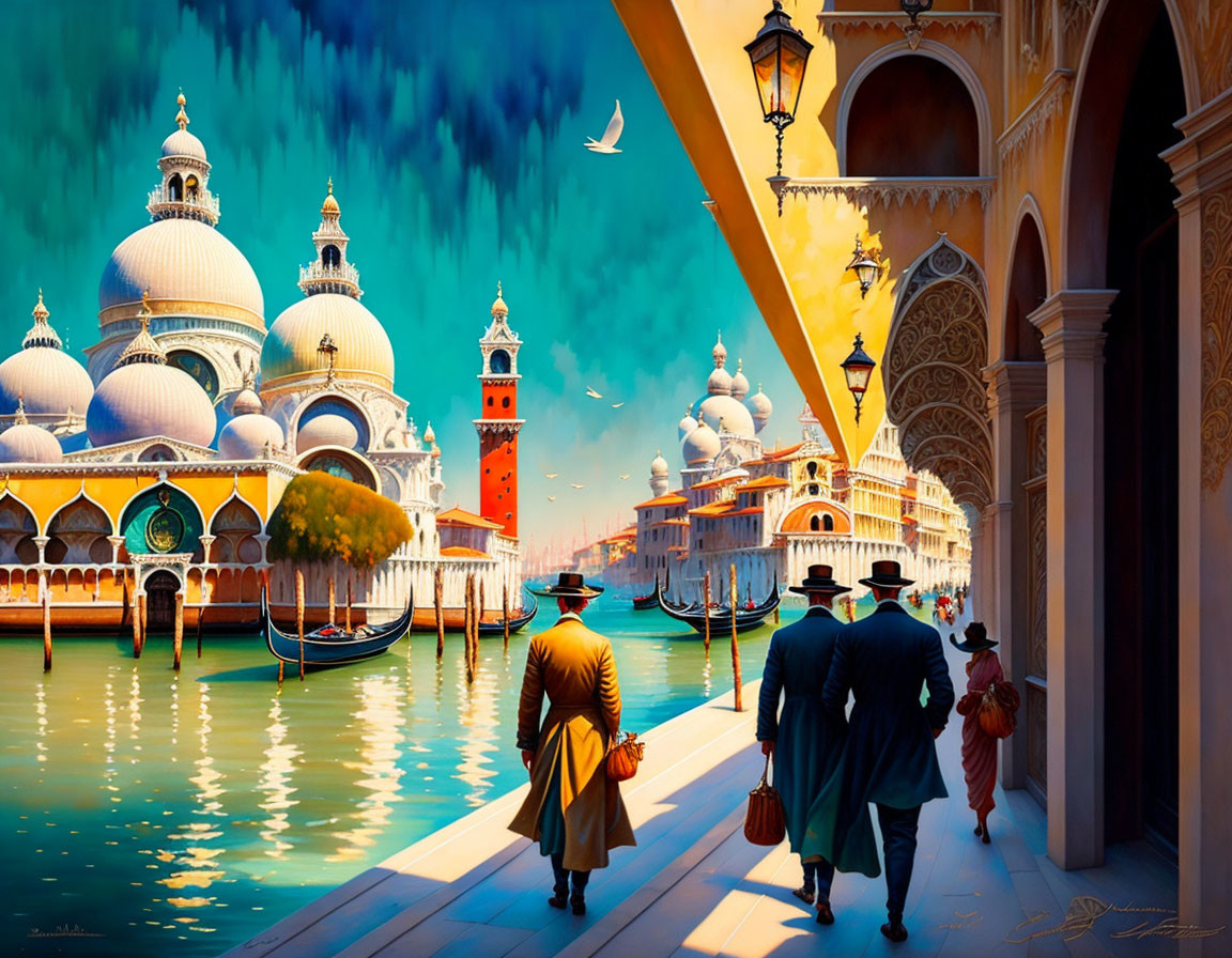 Vibrant Venetian scene: colorful buildings, gondolas, elegant figures.