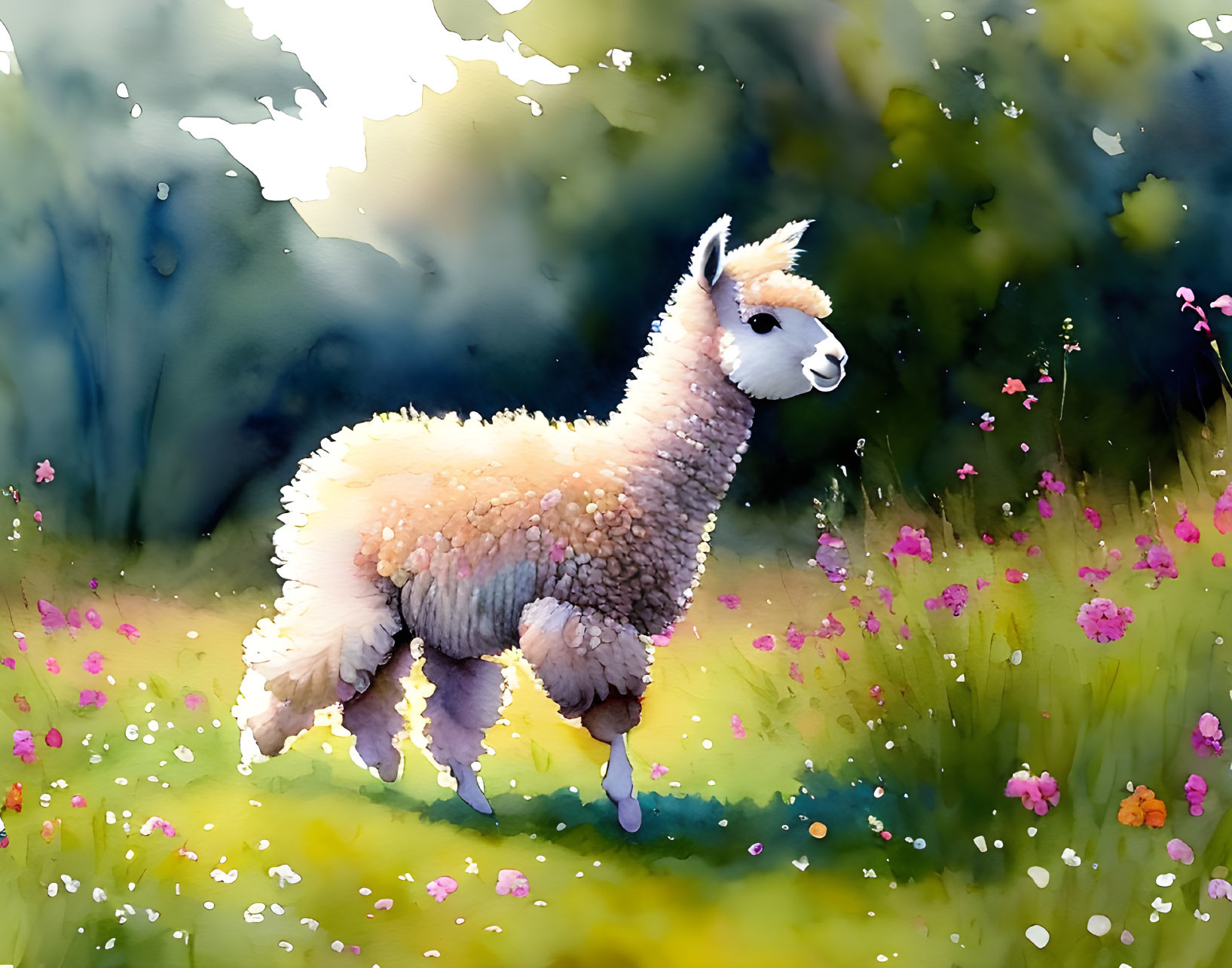 Fluffy alpaca in sunlit meadow with wildflowers