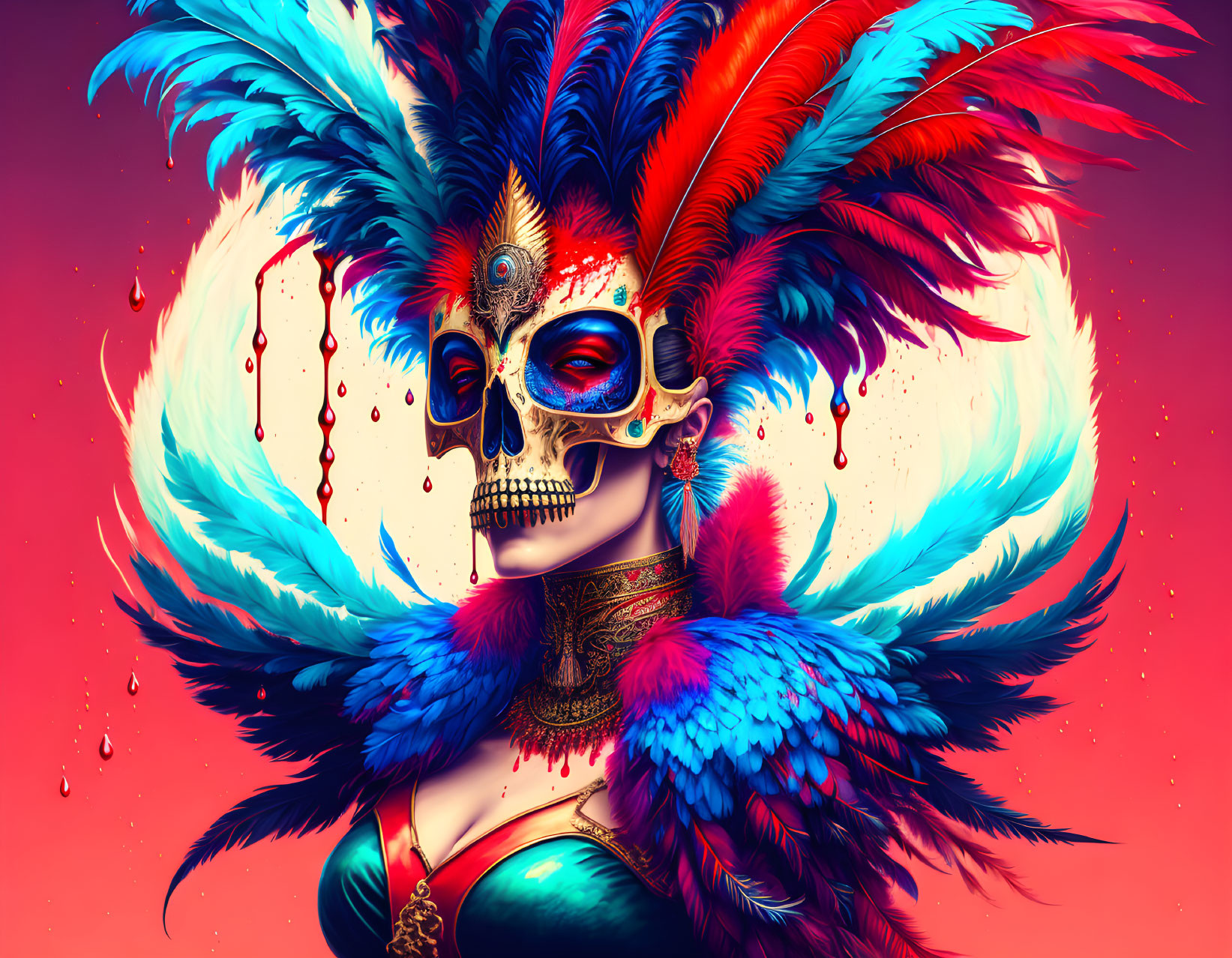 Colorful skull-faced figure with feather headdress on red background