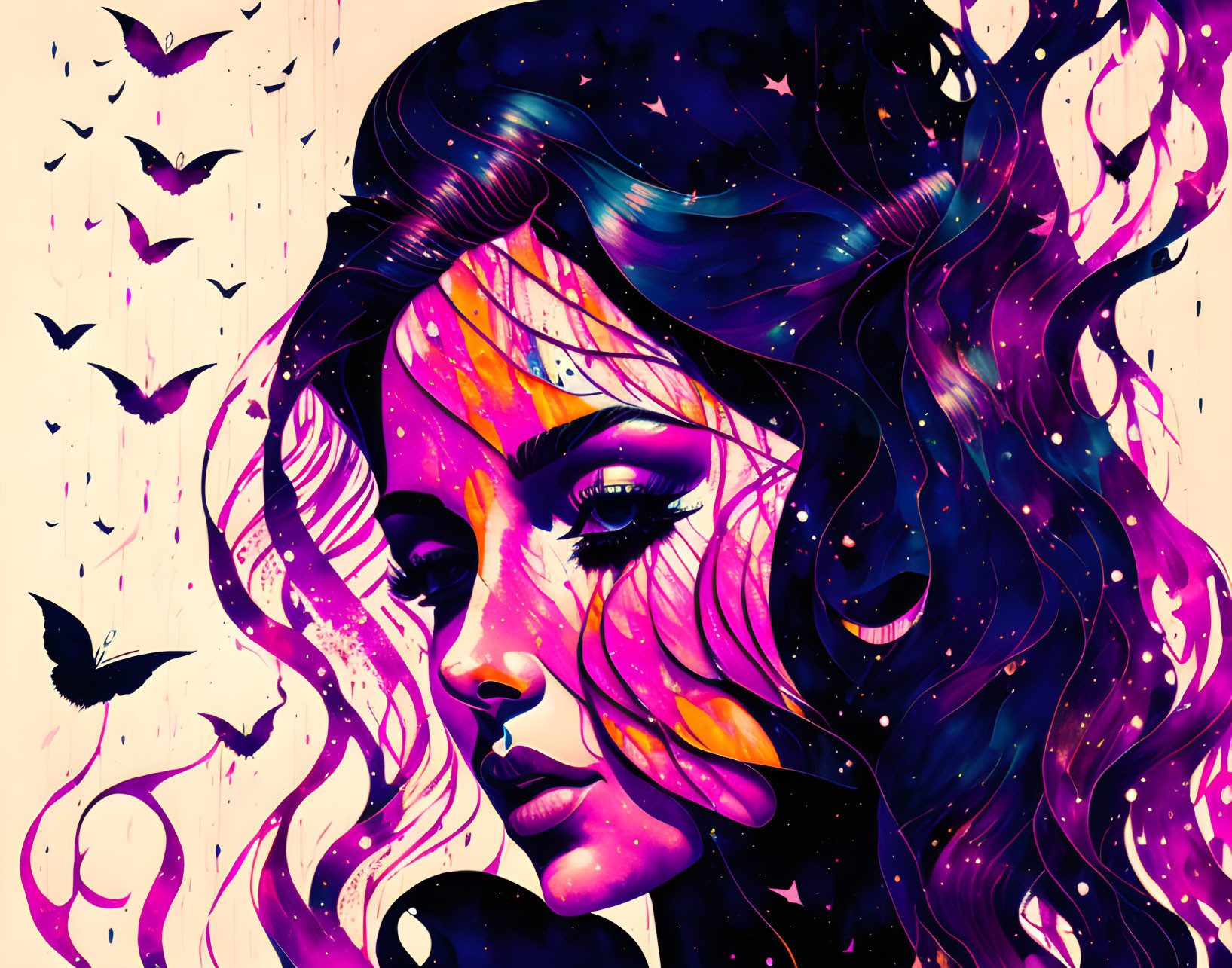 Colorful portrait of a woman with cosmic hair and butterflies in the background