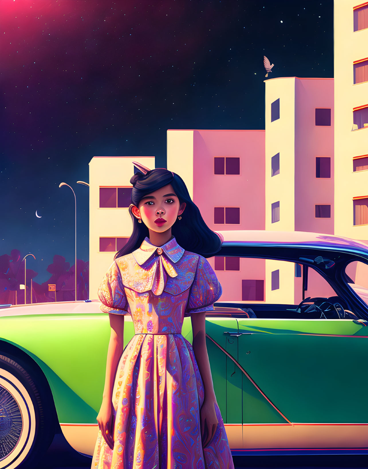 Vintage dressed woman with classic car under starry sky and cityscape.