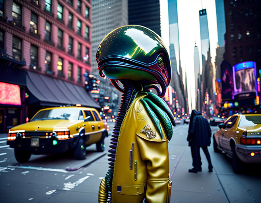 Futuristic helmet and golden jacket in bustling city scene