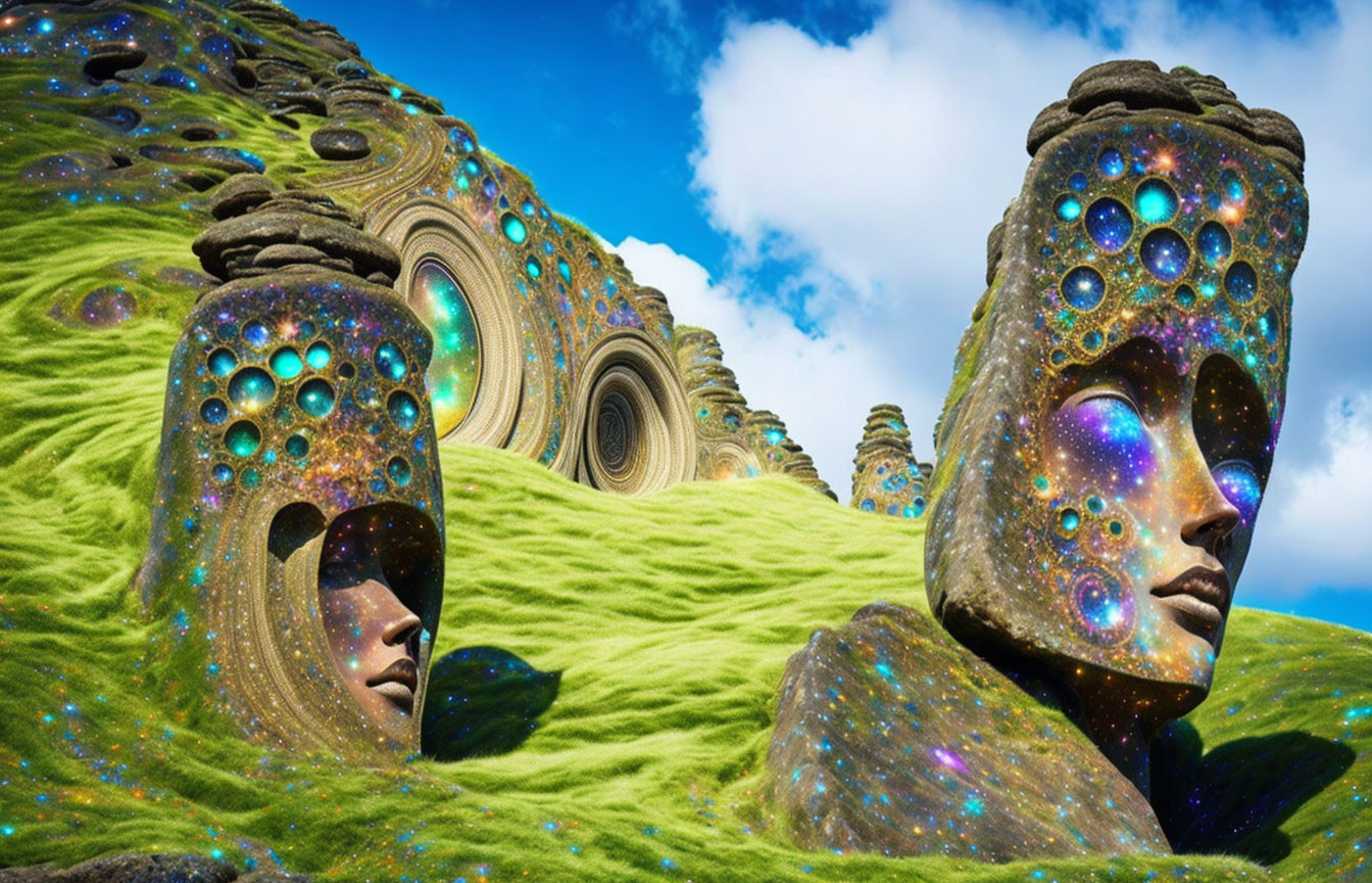 Surreal landscape: cosmic-faced sculptures on grassy hill under blue sky