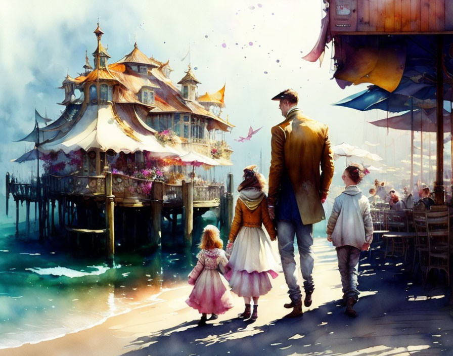 Man walking with two children in whimsical coastal scene with butterflies and fantastical building