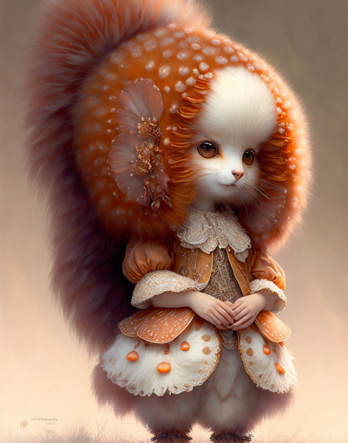 Fluffy orange-and-white creature in vintage lace dress with bushy tail