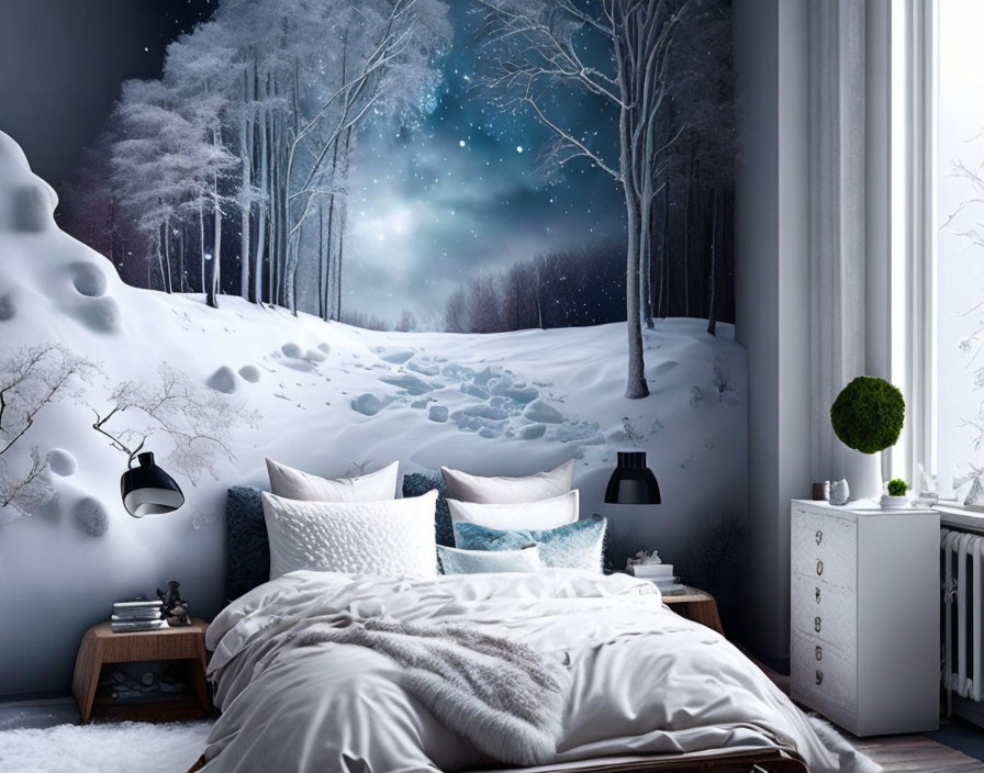 Cozy Bedroom with Snowy Forest Mural and Comfy Bed