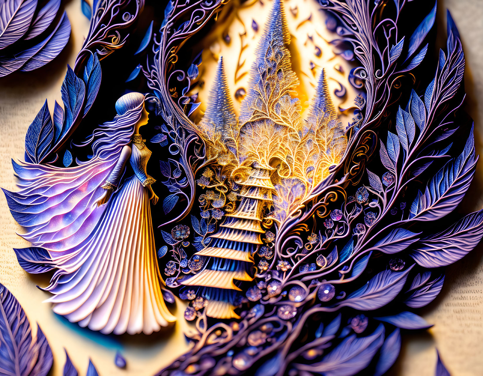 Detailed Peacock-Themed Paper Art in Vibrant Blues and Purples