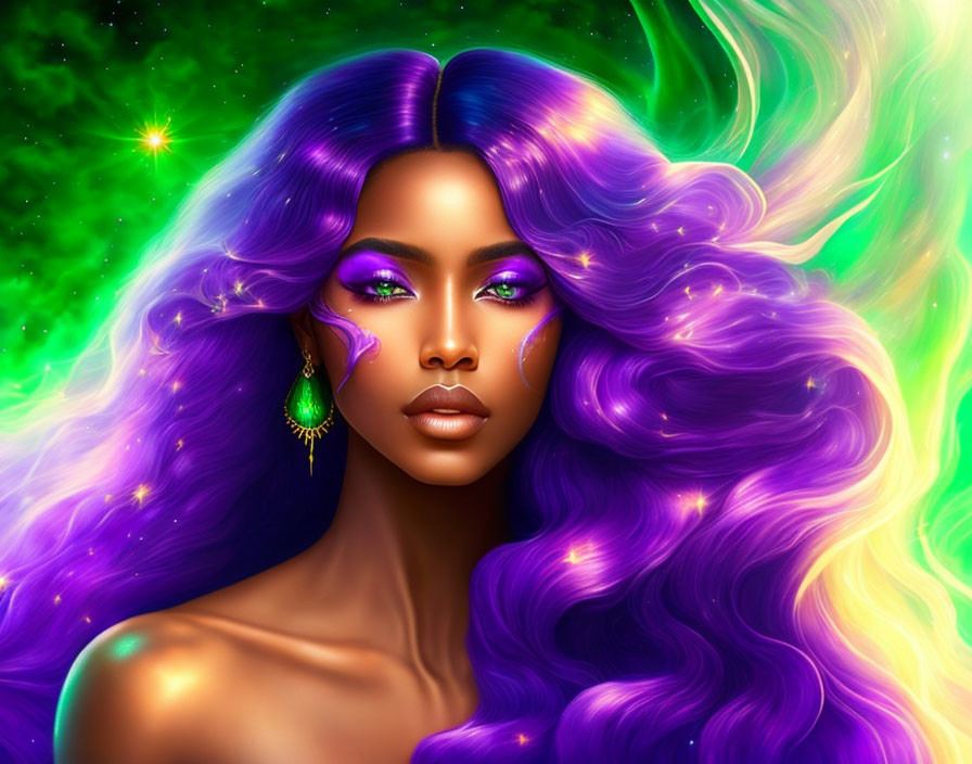 Colorful digital artwork: Woman with purple hair, cosmic green background, striking makeup, glowing earrings