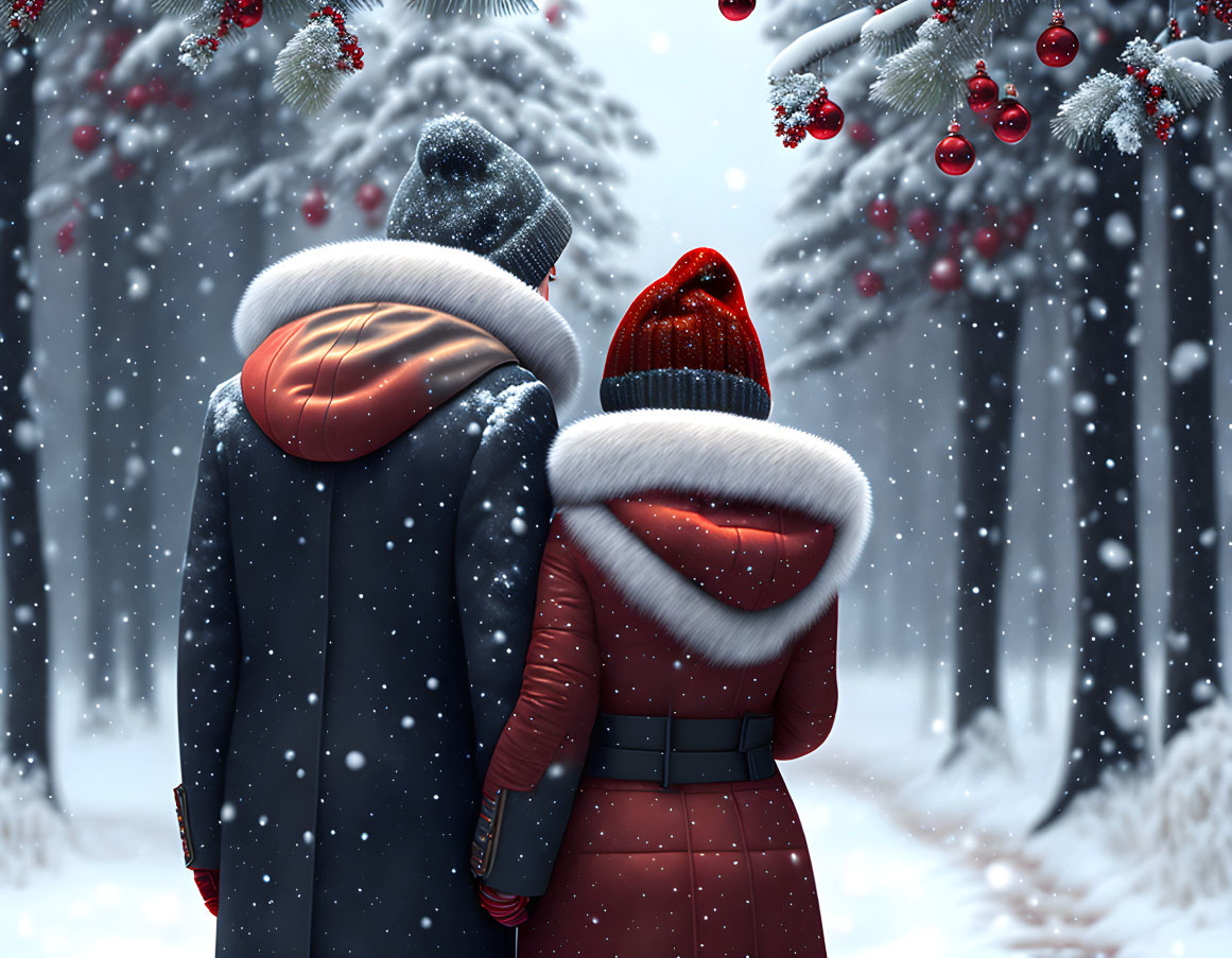 Winter scene: Two individuals in winter attire enjoying snowy landscape with red baubles on trees