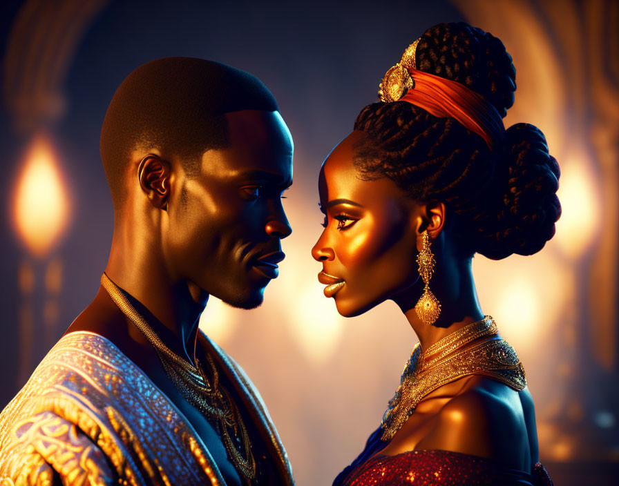 Stylized African individuals in regal attire under warm lighting