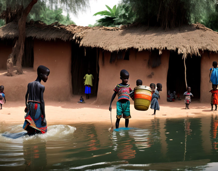 Residents wading in water near thatched-roof houses carrying items on their heads