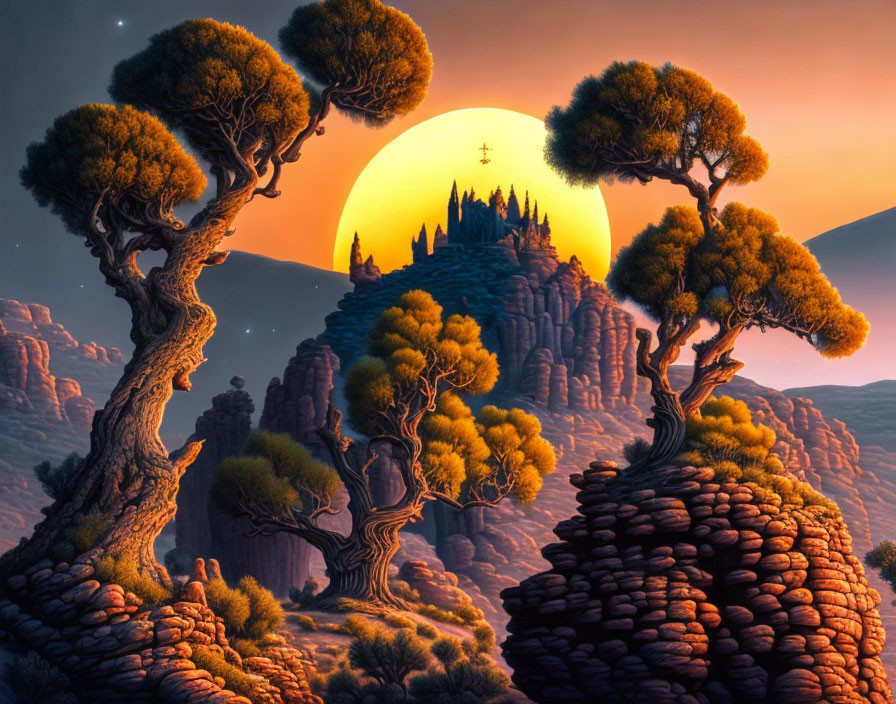 Twisted trees on rocky formations with castle silhouette at sunset