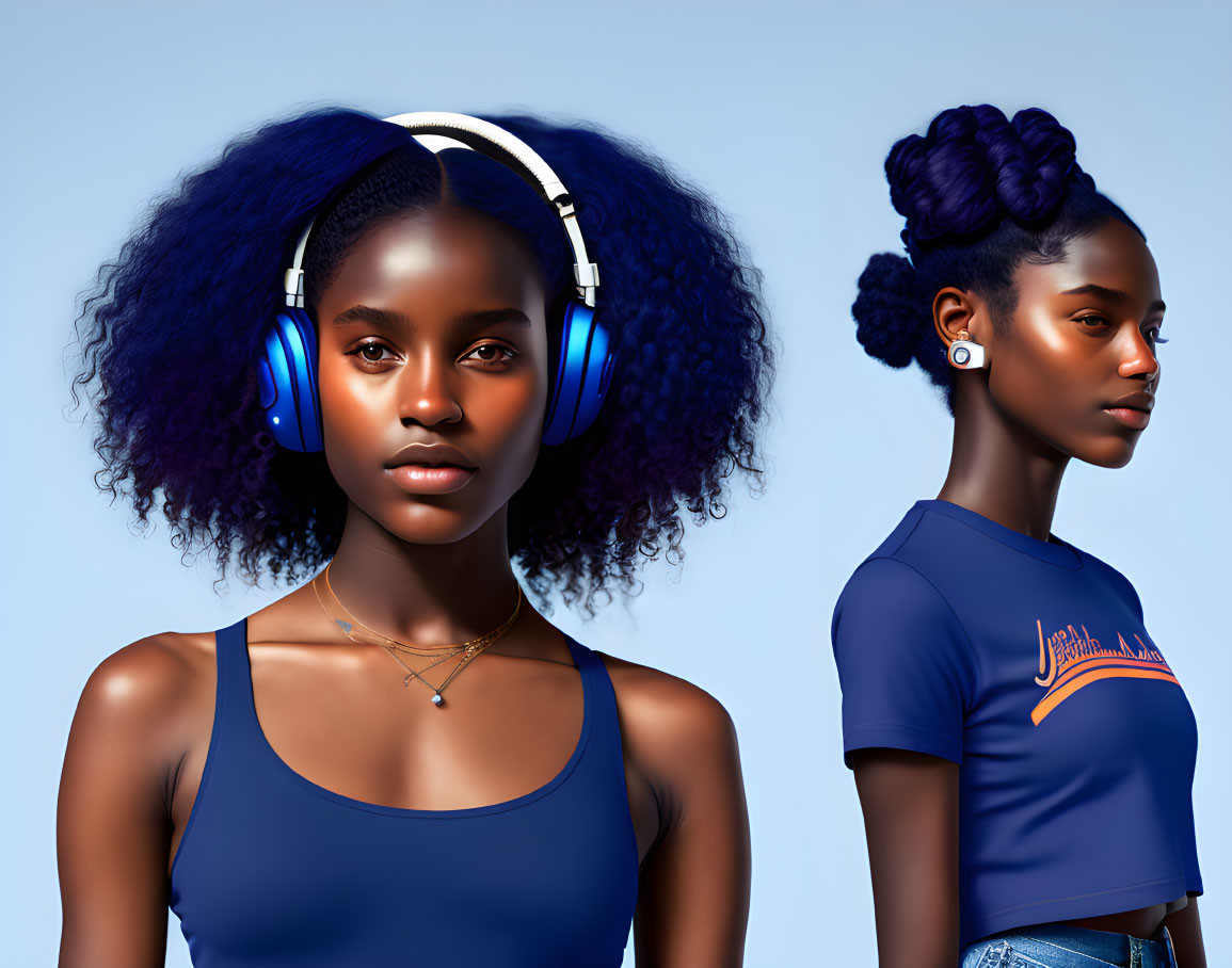 Two dark-skinned women in blue attire: one with headphones, the other with a bun.