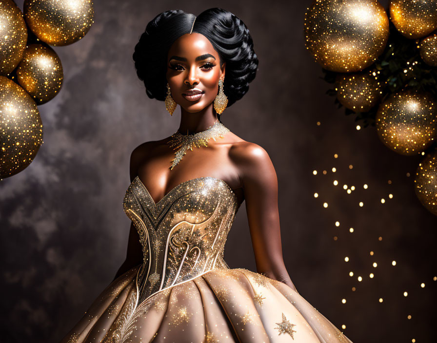 Luxurious golden gown and elaborate hairstyle on elegant woman among glowing orbs