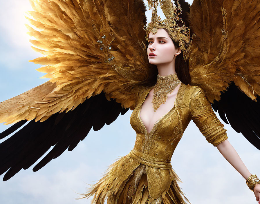 Regal woman with golden wings and ornate attire against cloudy sky