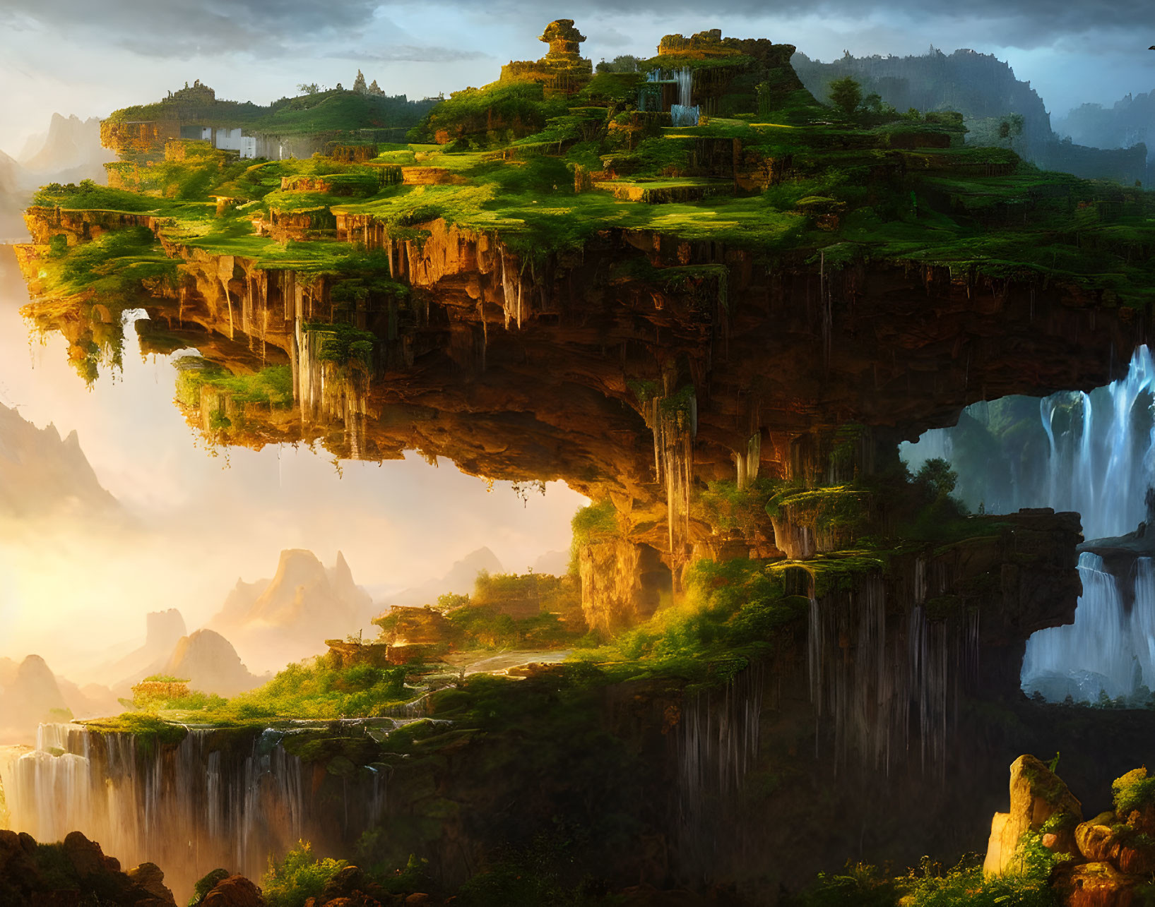 Fantastical floating island with lush greenery and ancient temples