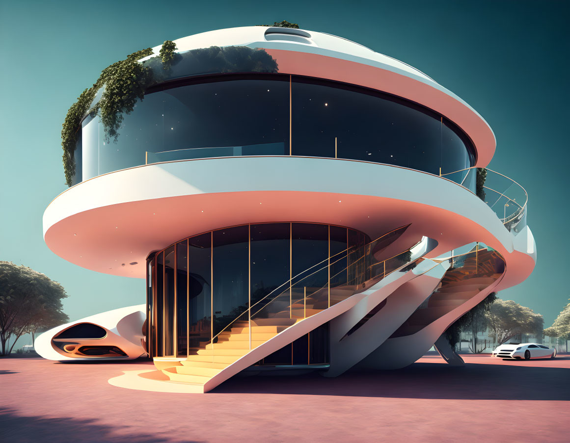 Curved futuristic building with reflective glass, trees, and modern car.