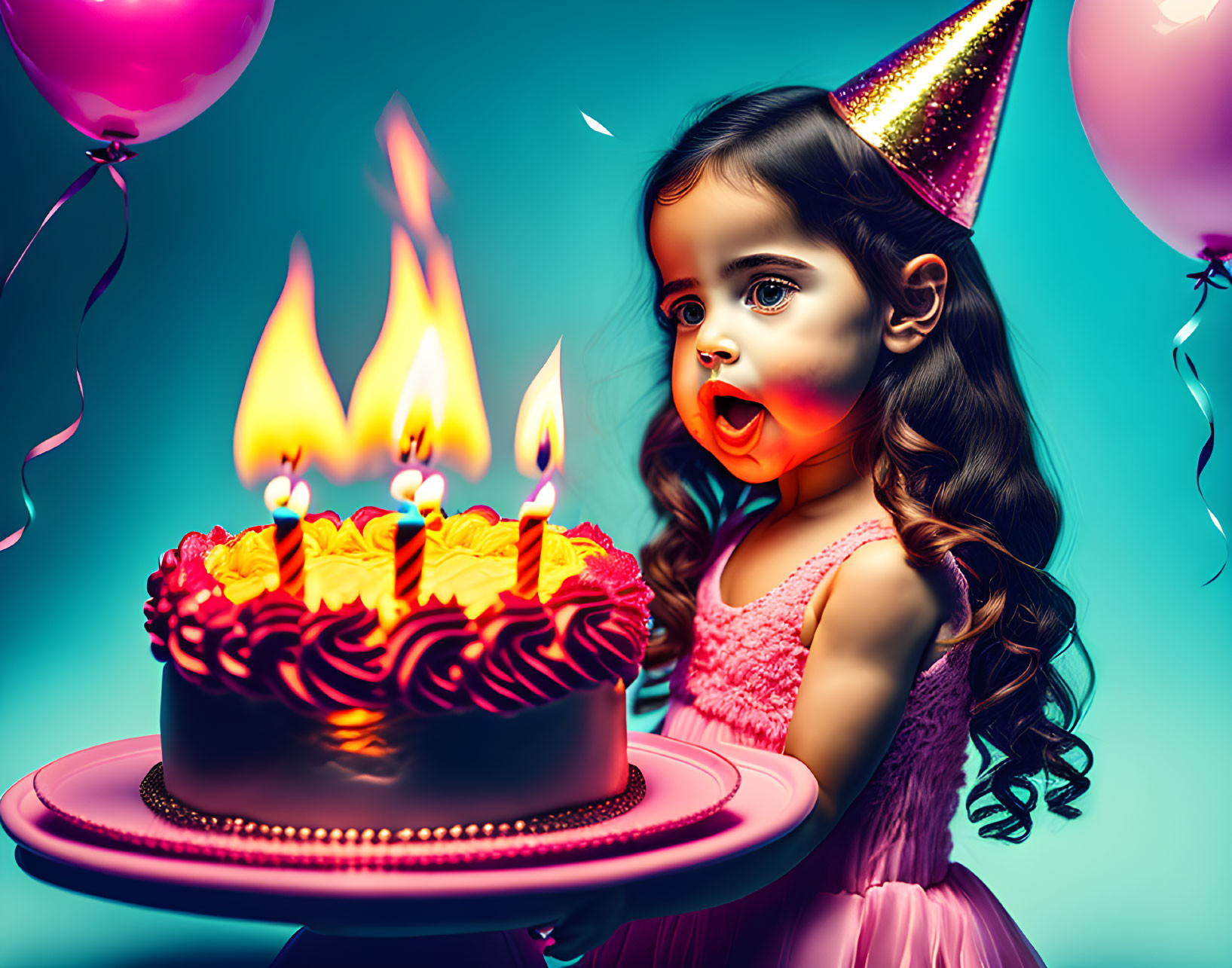 Young girl in pink dress admires birthday cake with candles and balloons