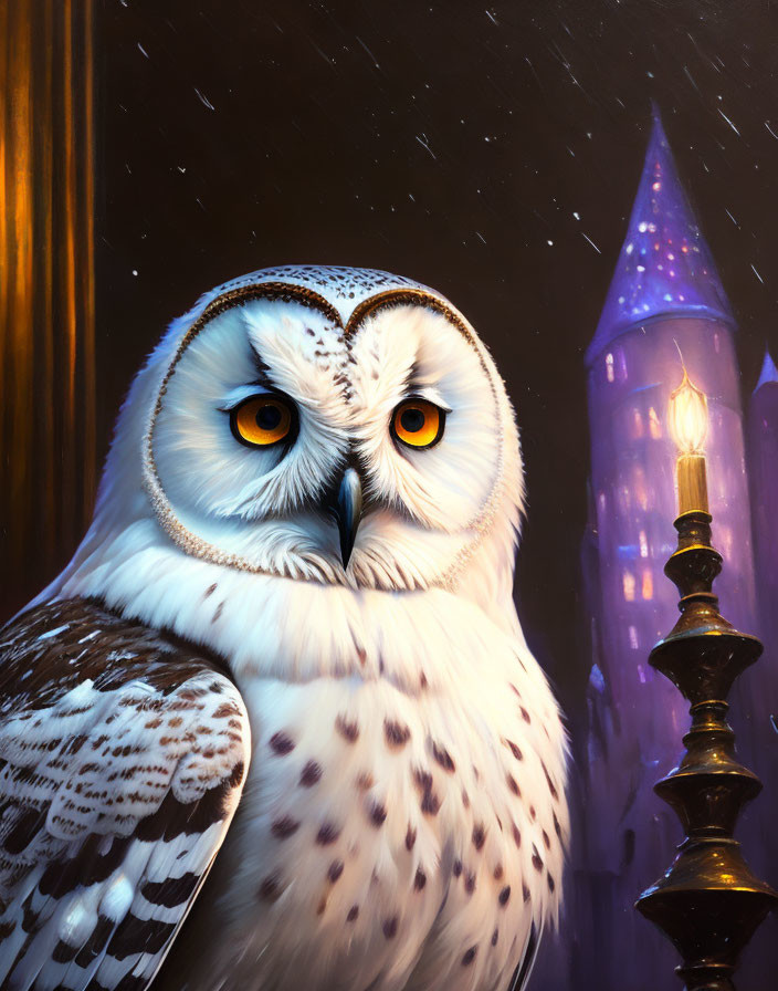 Snowy owl perched near candlestick with purple castle and snowfall