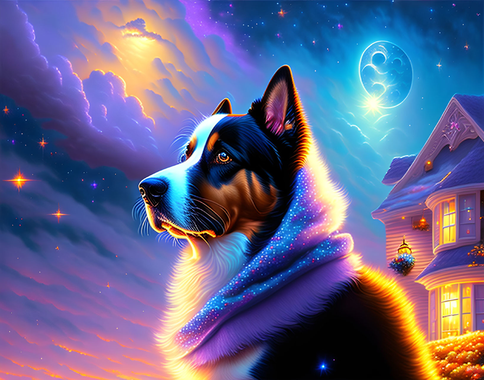 Colorful digital artwork: Dog with galaxy fur, night sky, moon, house