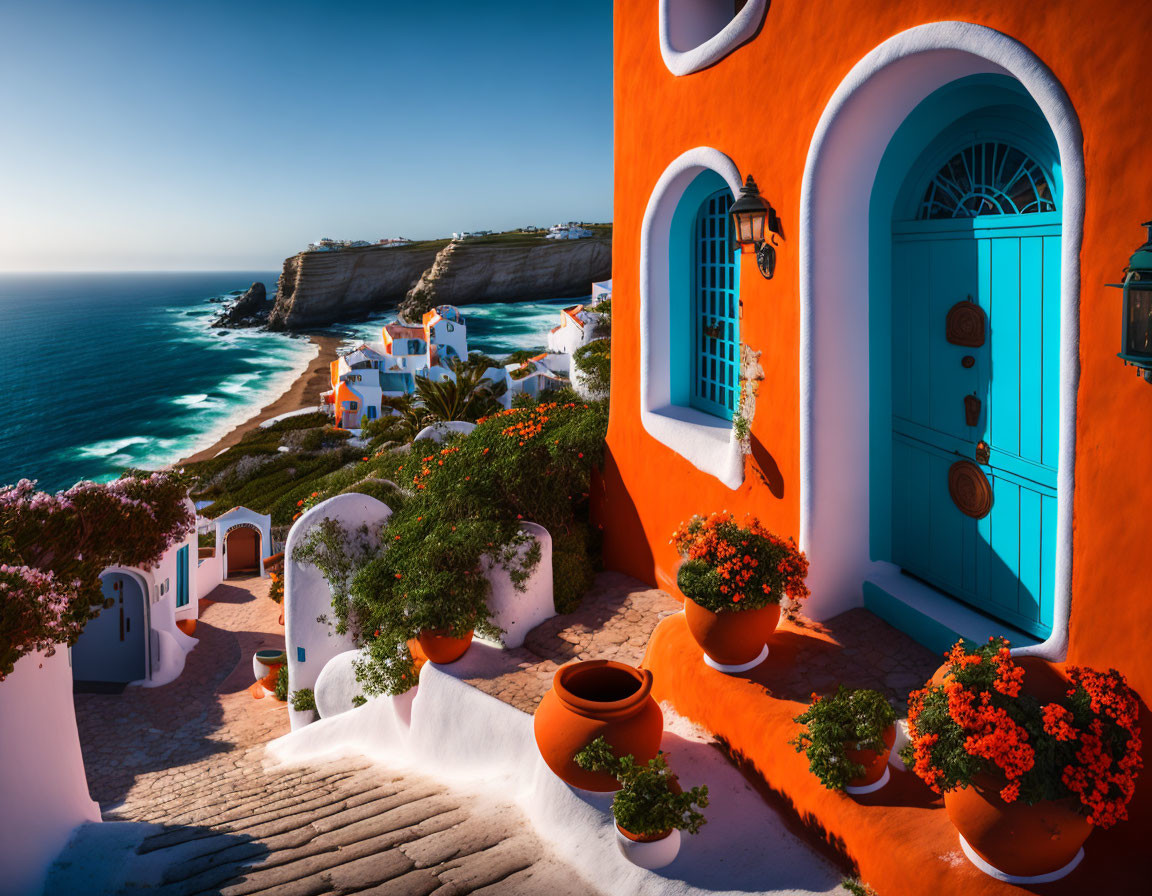 Orange Building with Blue Doors by Coastal Cliff and Red Flowers