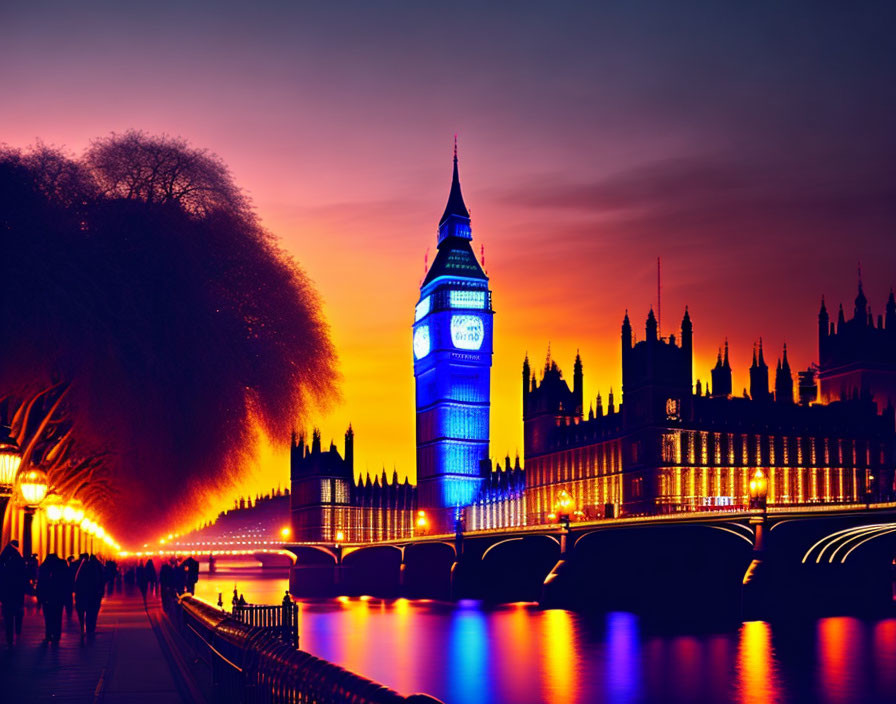 Scenic sunset view of Elizabeth Tower and Westminster Bridge in London