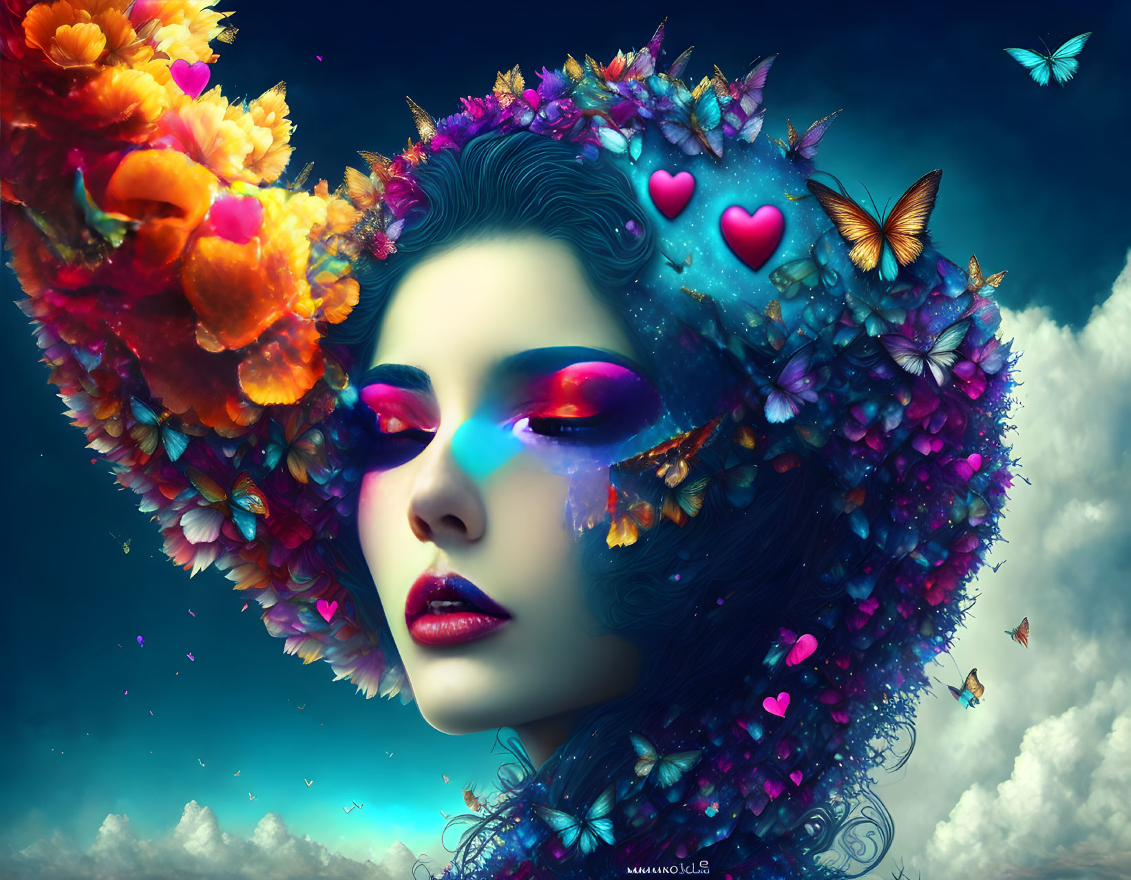 Surreal portrait of a woman with vibrant flowers and butterflies in whimsical setting