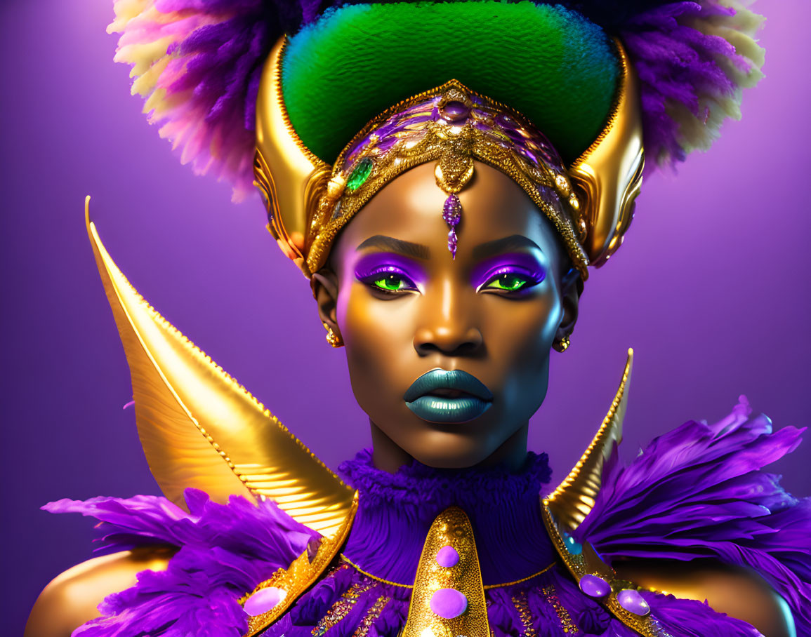 Colorful portrait of person with regal makeup, gold accents, purple feathers, and jeweled head