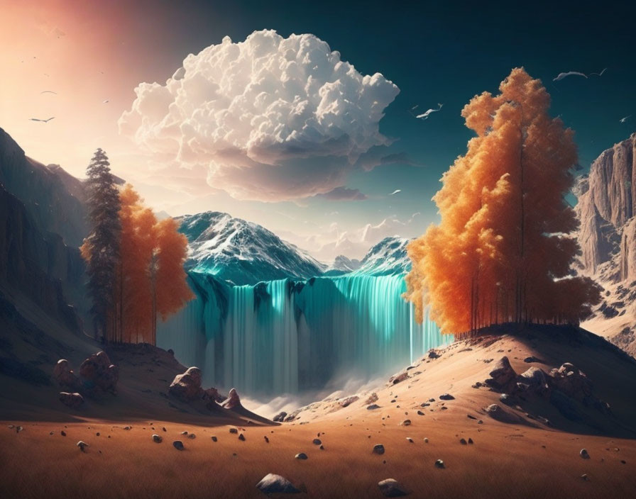 Fantasy landscape: waterfall, floating mountain, autumn trees, dramatic sky