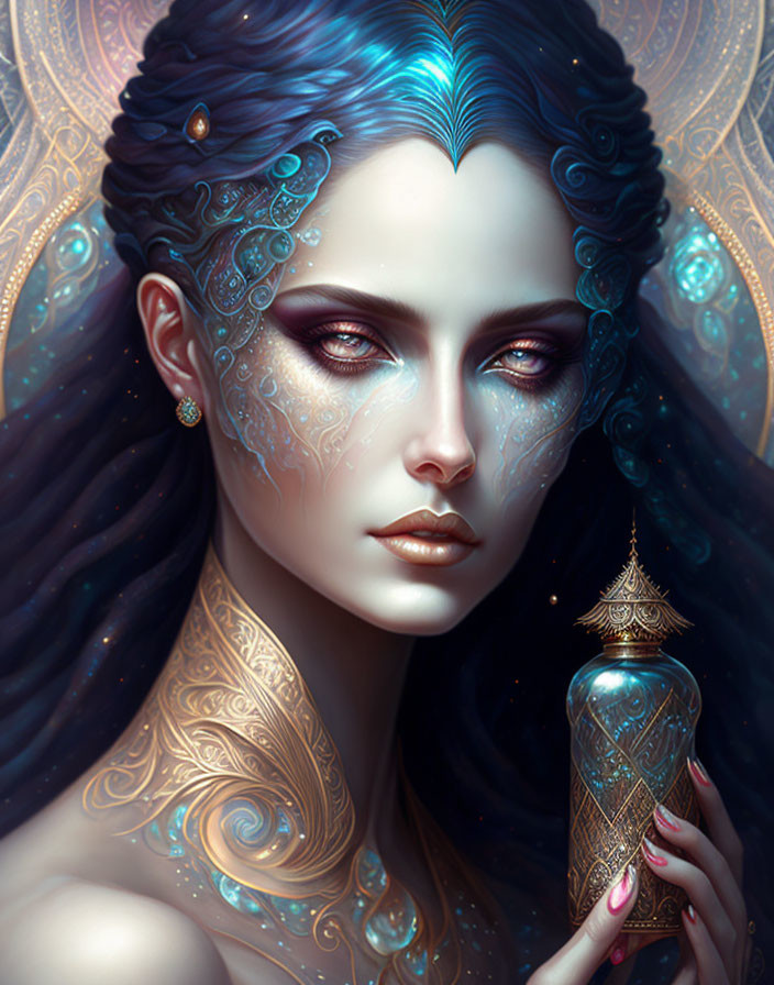 Fantasy artwork of woman with blue skin and gold tattoos holding lantern