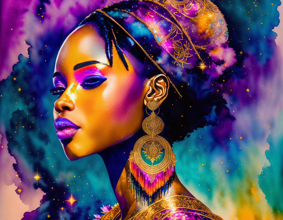 Colorful digital artwork of a woman with striking makeup and cosmic background