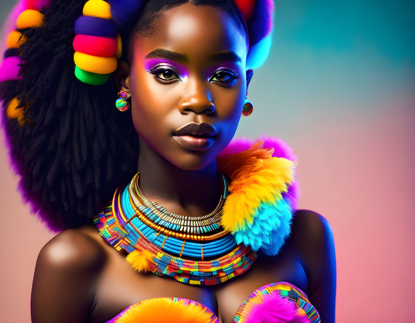 Colorful Portrait of Woman with Beaded Necklaces and Fluffy Earrings