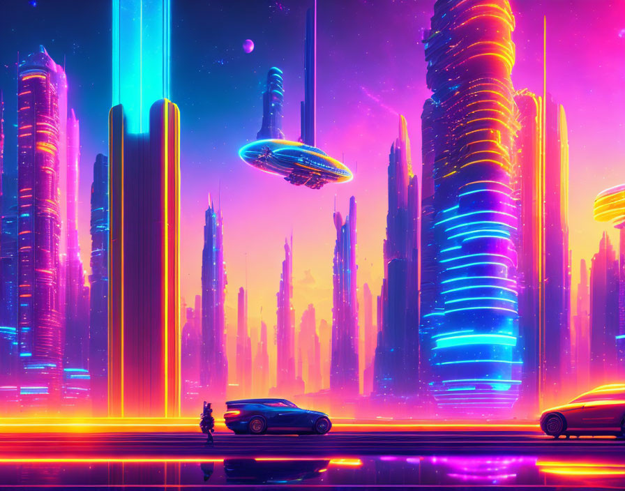 Futuristic cityscape with neon-lit skyscrapers and flying vehicles