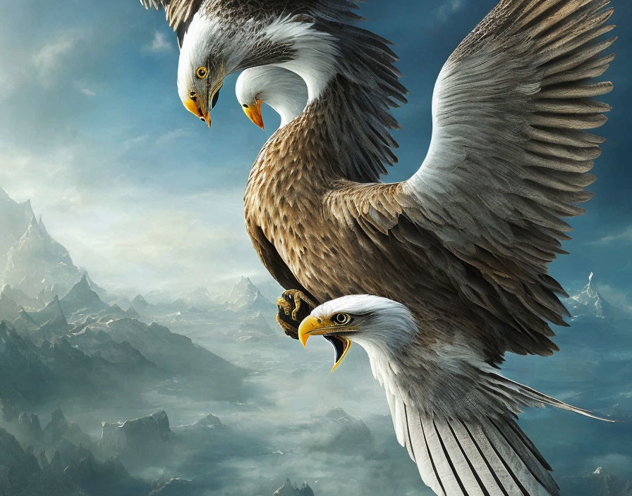 Majestic eagles soaring over mountain peaks and cloudy sky