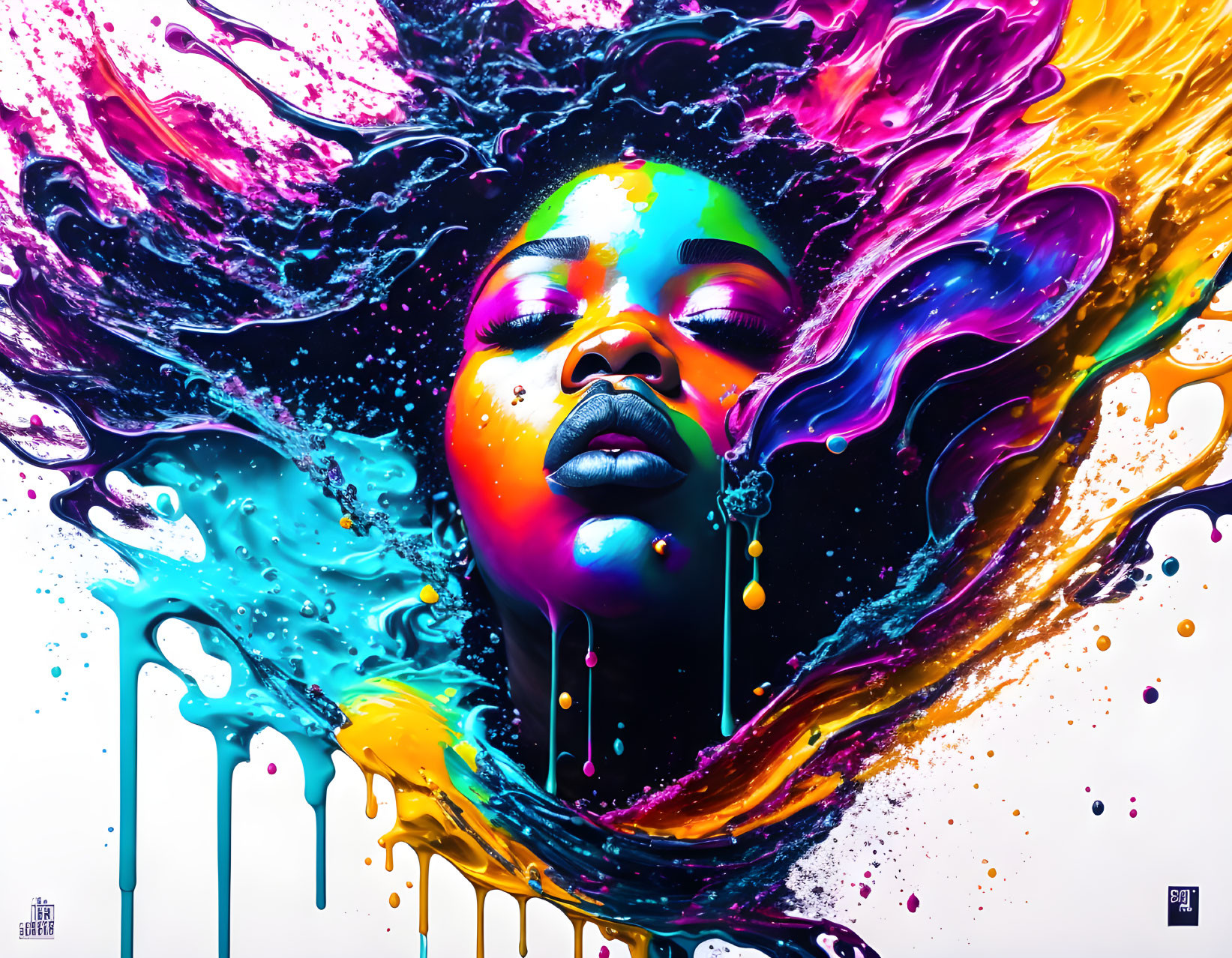 Colorful digital artwork: Woman's face in dynamic paint splash