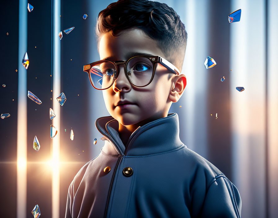 Boy with glasses and stylish haircut in coat among floating crystal shards