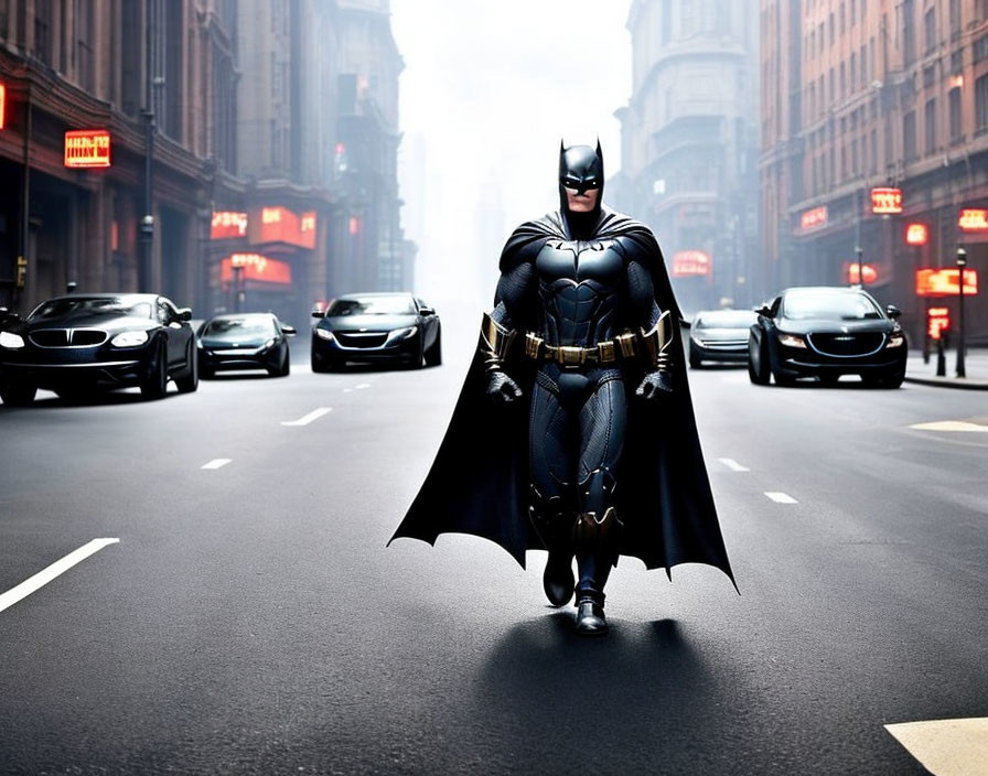 Mysterious urban scene with Batman in foggy street