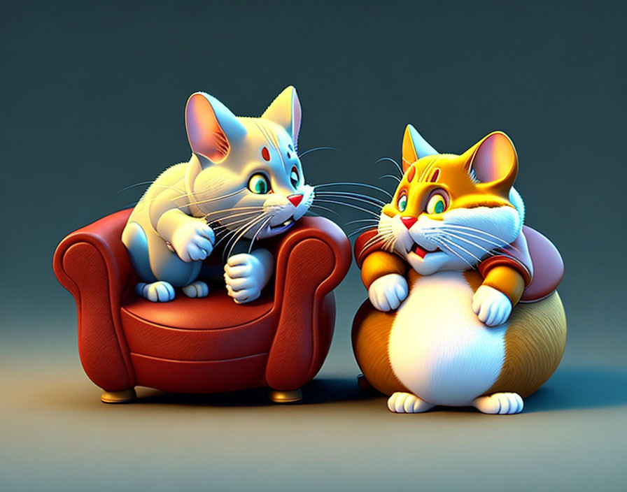 Stylized animated cats with exaggerated expressions, one orange and one white, in a red armchair