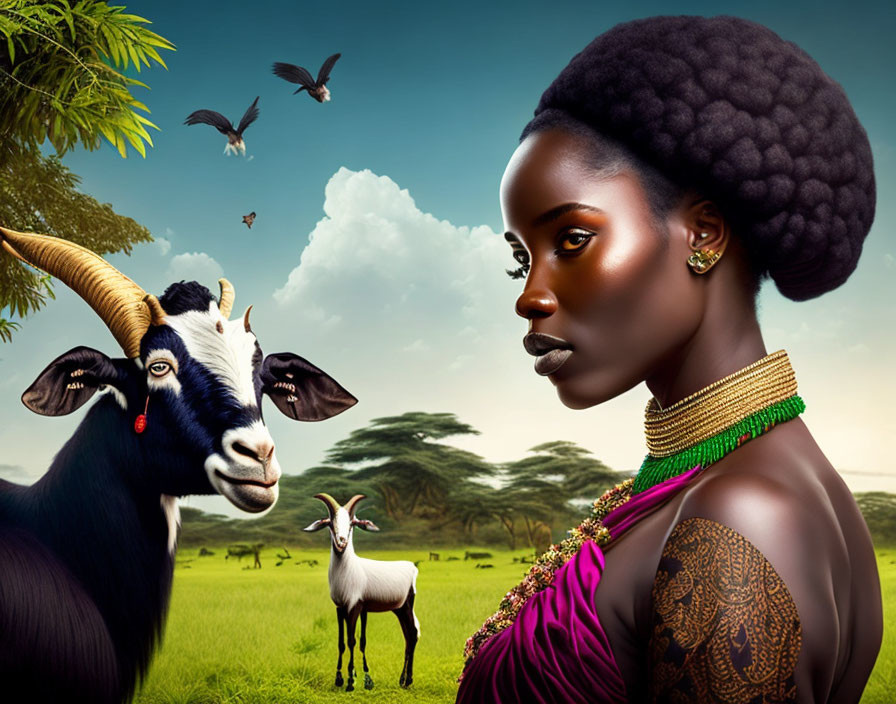 Surreal image: Woman in traditional attire with striking makeup and goat on African savanna