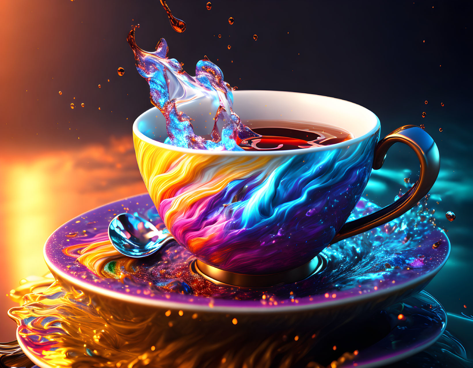 Colorful Cup and Saucer with Splashing Liquid on Gradient Background