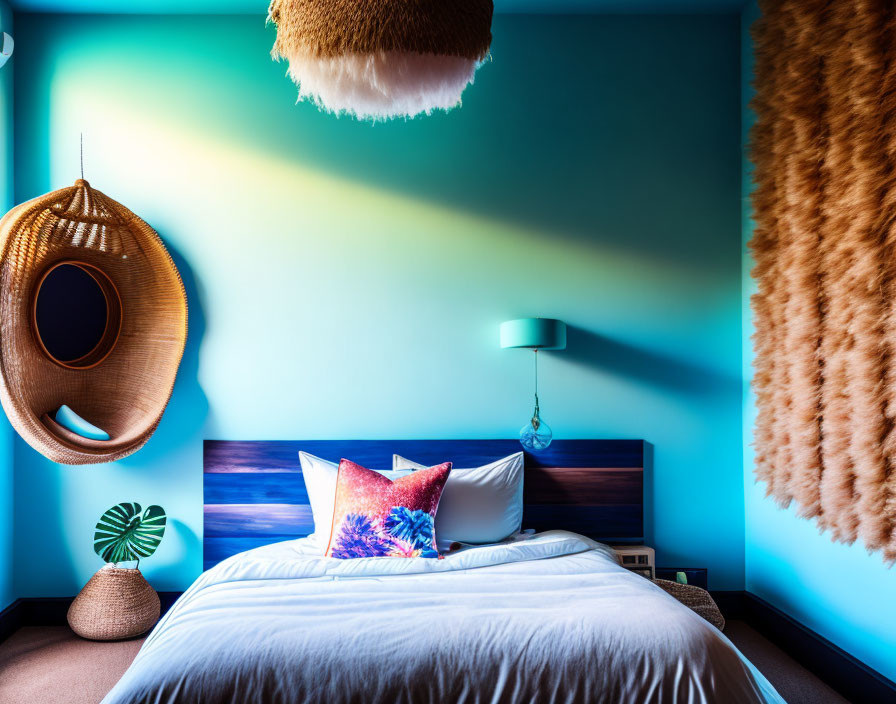 Stylish modern bedroom with wicker chair, colorful bed, blue walls & unique lighting