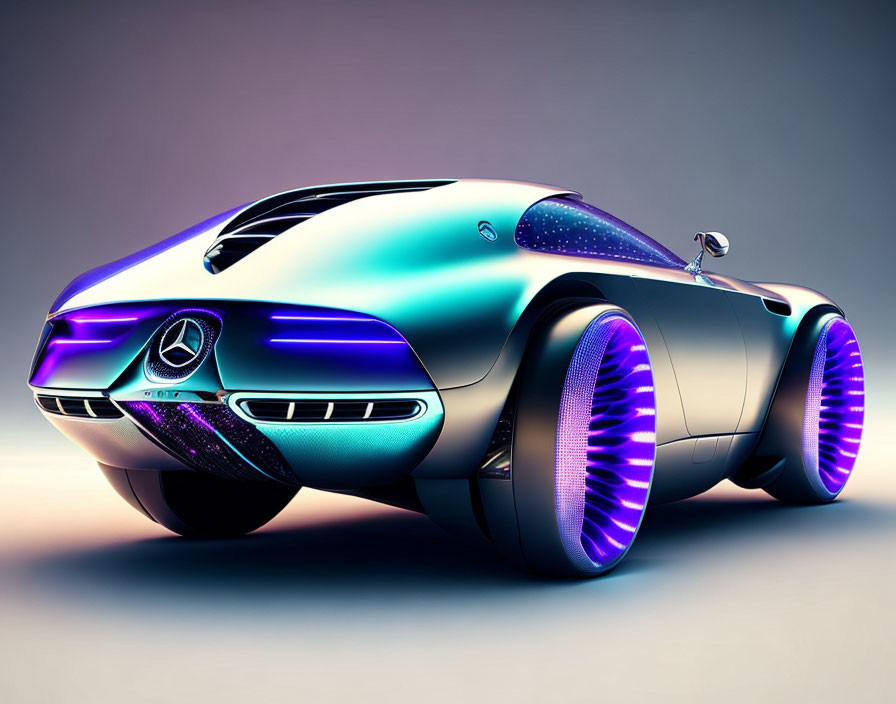 Sleek Futuristic Mercedes-Benz Concept Car with Purple Glowing Wheels