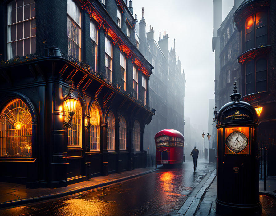 Moody London street scene at twilight with red double-decker bus, vintage buildings, and black street