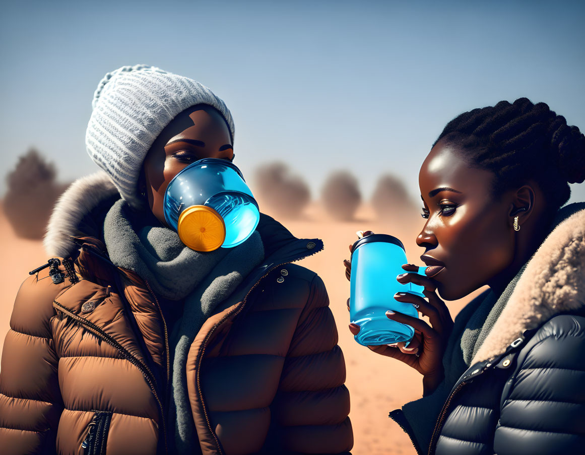 Two People in Winter Clothing and Masks in Desert Setting