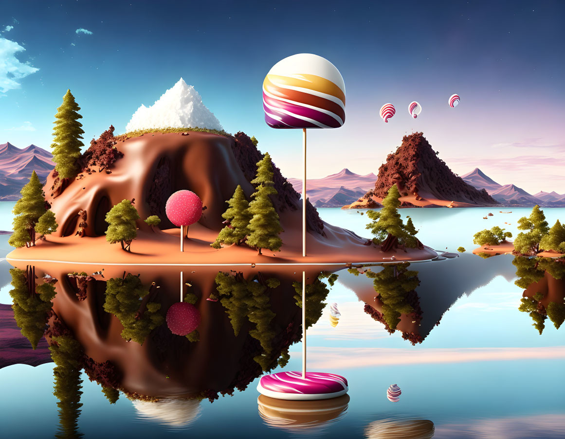 Surreal landscape with floating island, chocolate mountains, candy trees, reflective water